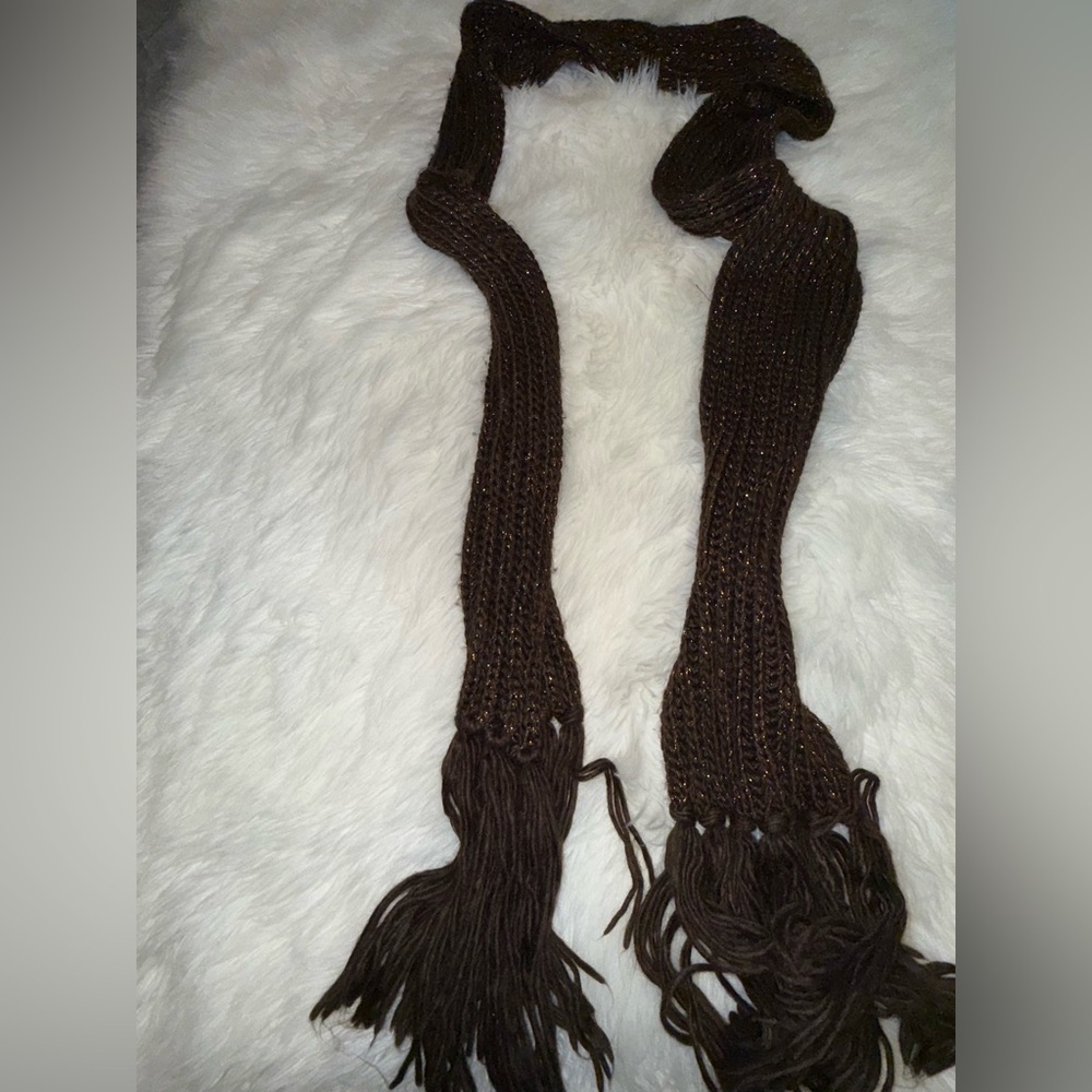Brown Knit Scarf with Fringe